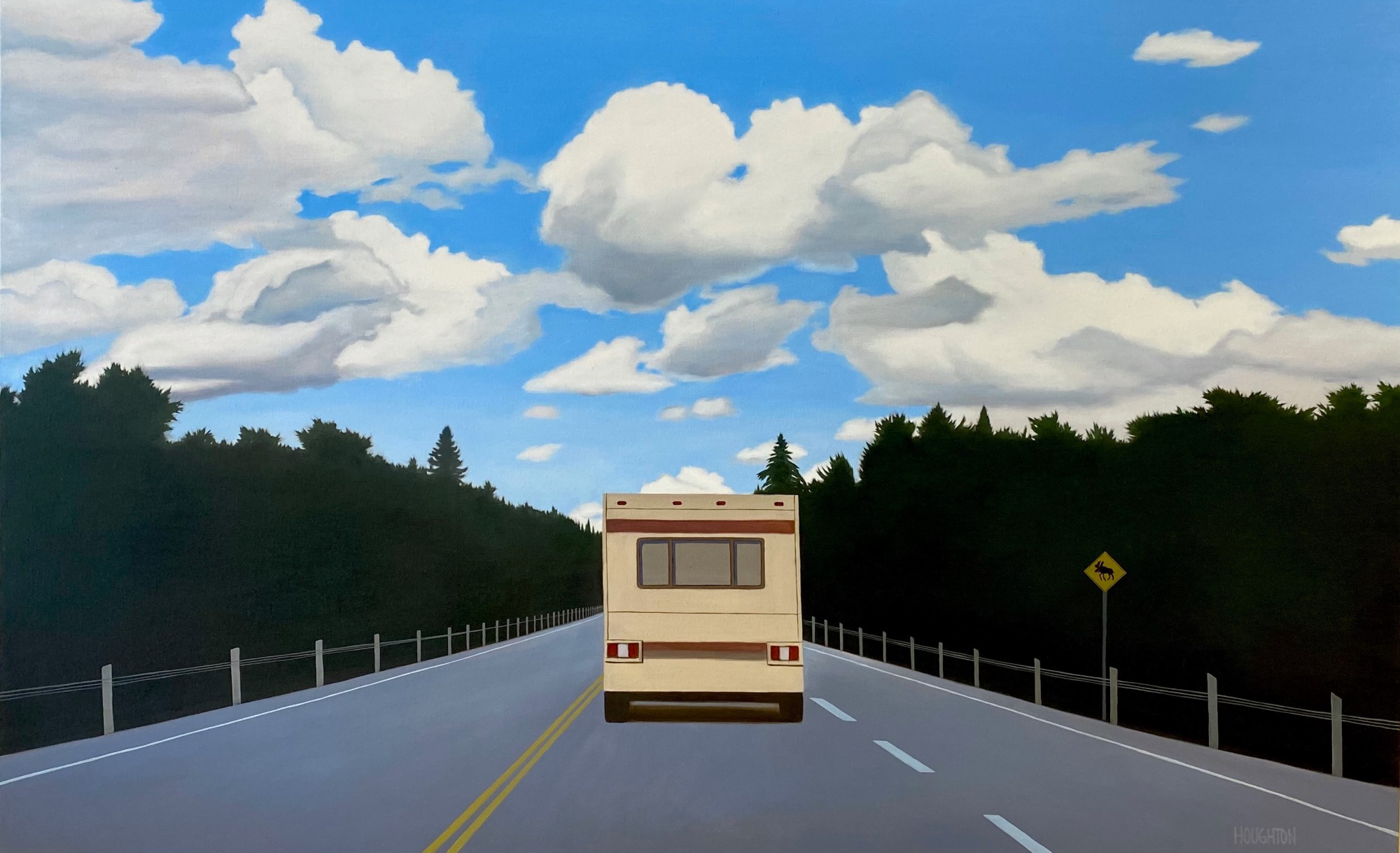 Highway 60 Revisited &mdash; painting of an RV travelling down Highway 60 under a cloud-filled sky, cover art for the 2026 TSCBF Art Show